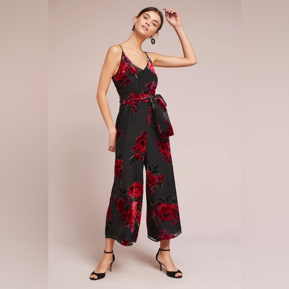 Anthropologie Pants - Anthropologie Ettwa Burnout Velvet Jumpsuit Black Red Floral Wide Leg small‎